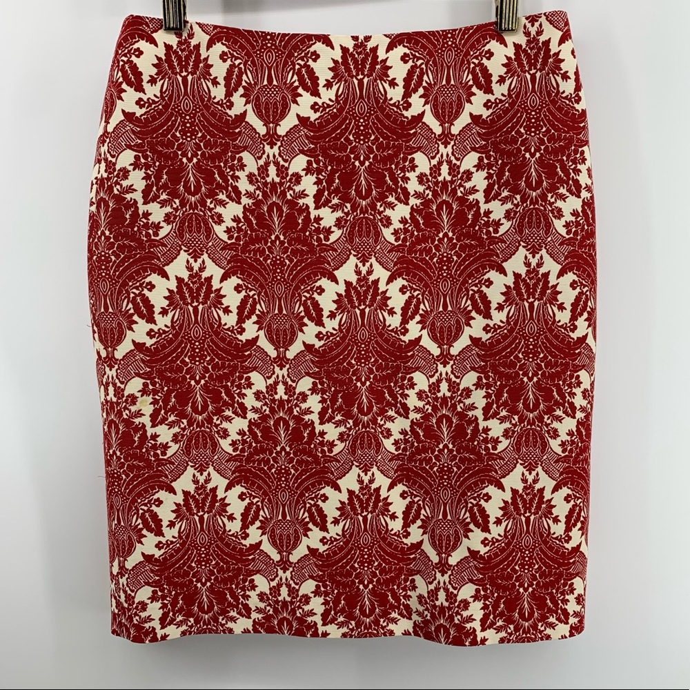 Talbot’s women's red and cream colored damask patterned lined pencil skirt, 6P